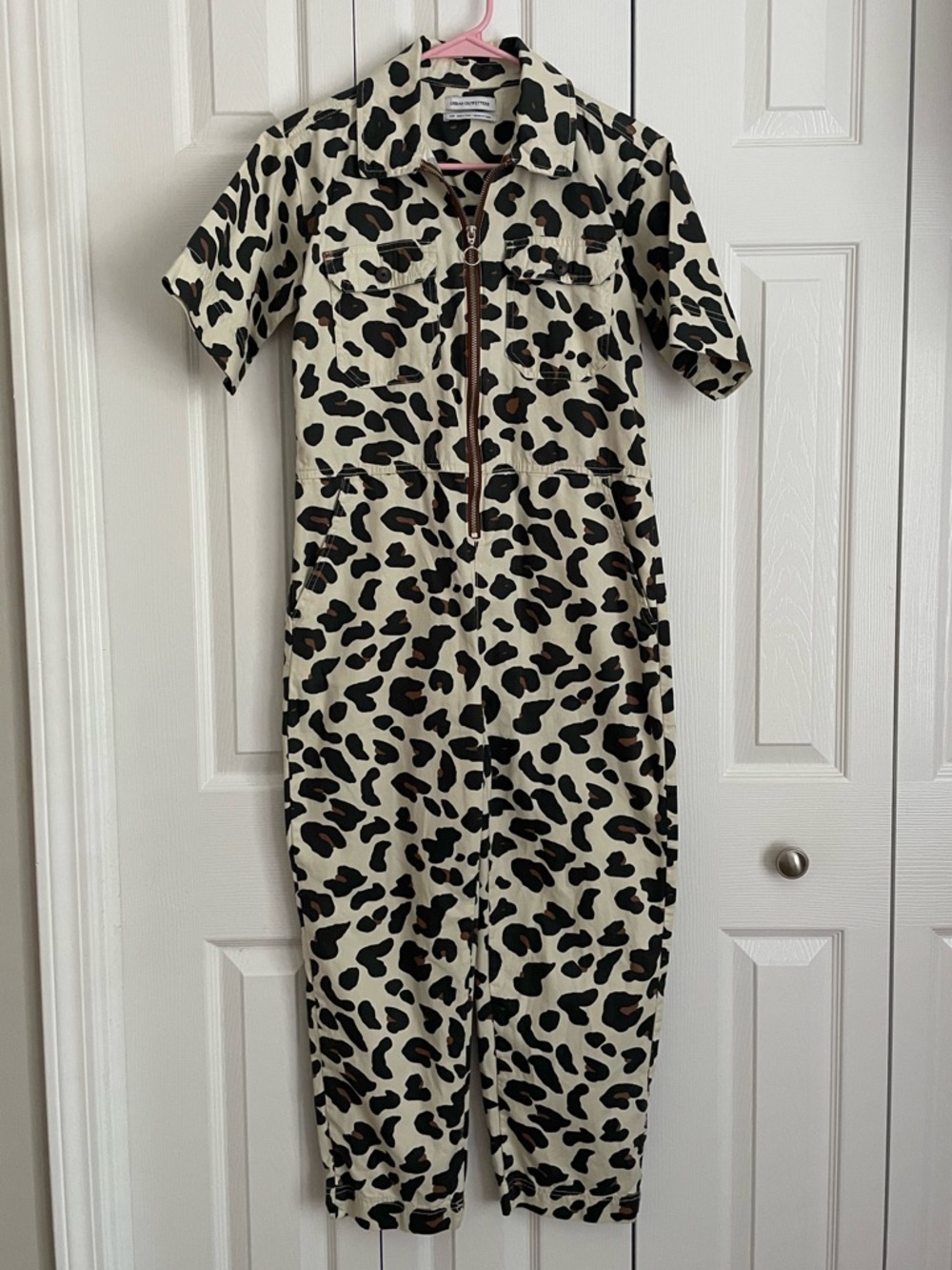Urban Outfitters Beige and Black Leopard-Print Short Sleeve Jumpsuit
